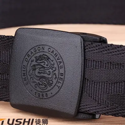 Men Dragon Canvas Belt Nylon Khaki 120cm