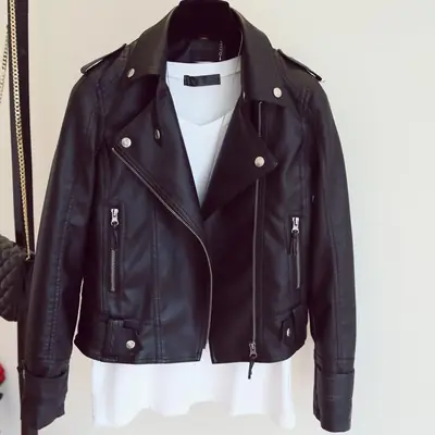 Women Slim Fit Leather Jacket Black Autumn
