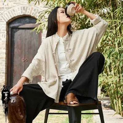 Zen Style Linen Coat Sand Washed Button Closure