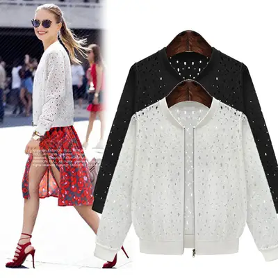 Women Lace Bomber Jacket White Black Summer Outerwear