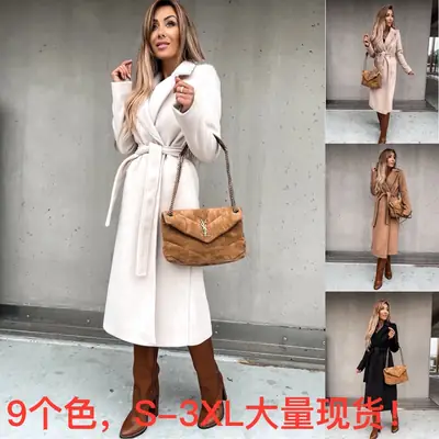 Women Woolen Belted Coat White Camel Black S-3XL