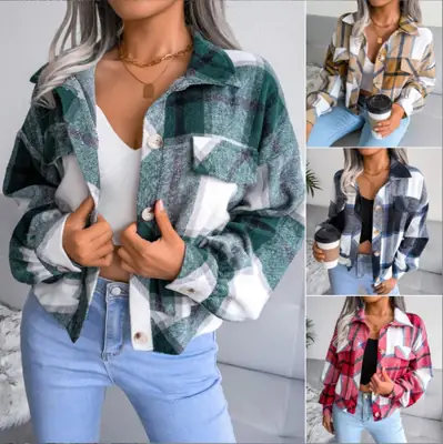 Women Plaid Woolen Jacket Long Sleeve Winter Stylish Red