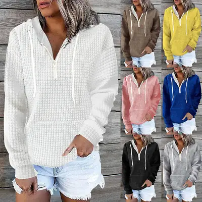 Women Zipper Hoodie Waffle Texture Casual Home Wear Multi Color