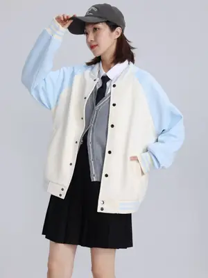 Women Baseball Jacket Sky Blue Winter School Coat