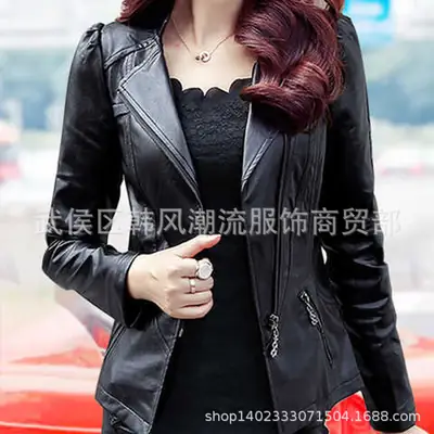 Black PU Leather Jacket Women Slim Fit Korean Style Motorcycle Coat Plus Size