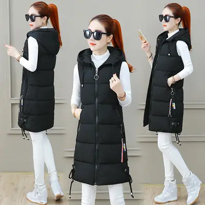 Women's Black Mid-Length Down Vest Slim Fit Autumn Winter
