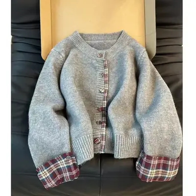 Women Plaid Knit Cardigan Gray Winter Warm