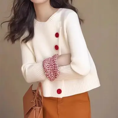White Knitted Cardigan Coat for Women Winter Korean Style
