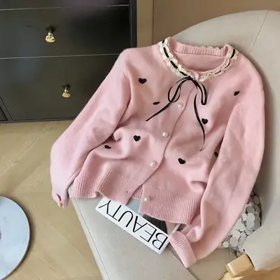 Pink Heart Embroidered Cardigan with Lace Bow