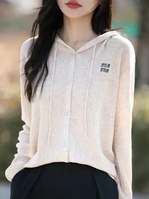 Women Hooded Knitted Cardigan Cream Slim Fit