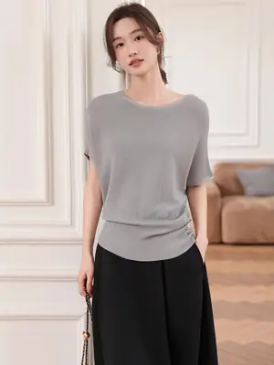 Women's Grey Slim Fit Knit Shirt with Side Buttons