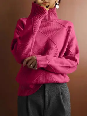 Women High Collar Diamond Knit Sweater Rose Red Loose Fit