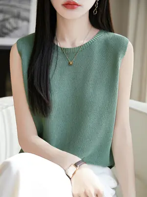 Women Knitted Linen Sleeveless Vest Solid Green Summer