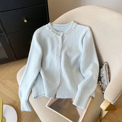 Women's Light Blue Pearl Embellished Cardigan