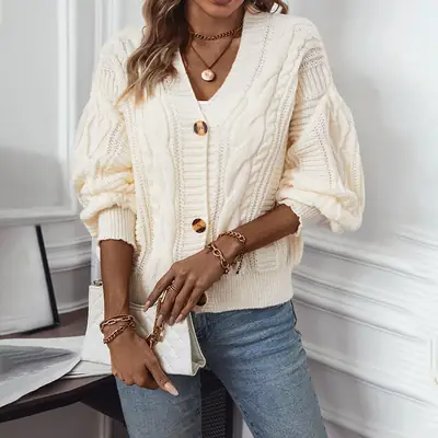 Women's V Neck Cable Knit Cardigan Cream Solid