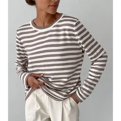 Women Striped Knitted Sweater Brown White Winter Retro