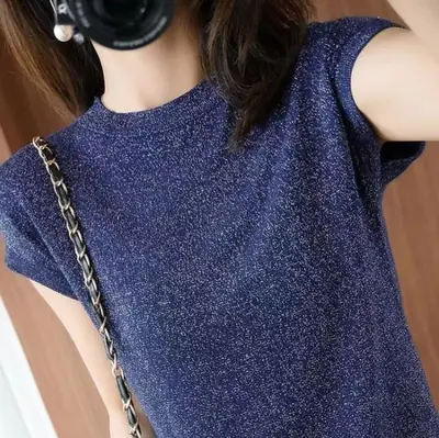 Women Silk Round Neck Short Sleeve Loose T-Shirt Blue