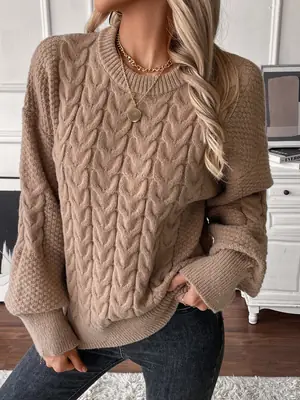 Women's Khaki Cable Knit Sweater Loose Fit Winter