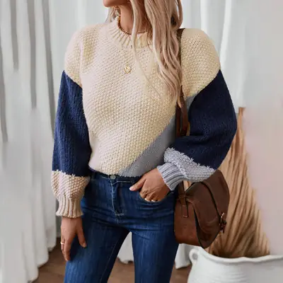 Women's Textured Pullover Sweater Blue Beige Winter Warm