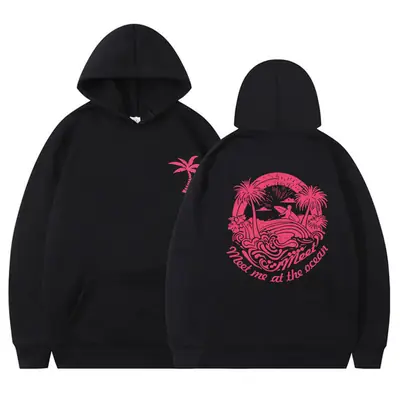 Black Hoodie with Pink Ocean Print for Women