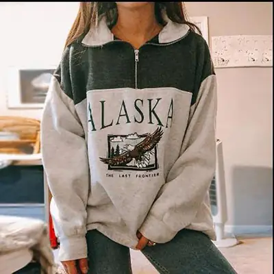 Women Zipper Print Sweater Alaska Eagle Grey Autumn