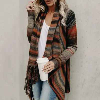 Women Gradient Stripe Tassel Shawl Sweater Autumn