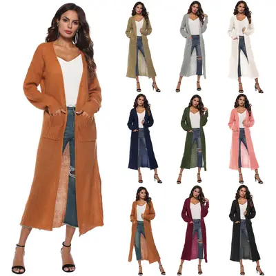 Women Long Knitted Cardigan Coat Split Skirt Solid Color