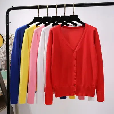 Women's V-Neck Cardigan Coat Long Sleeve Spring Autumn Thin Sweater