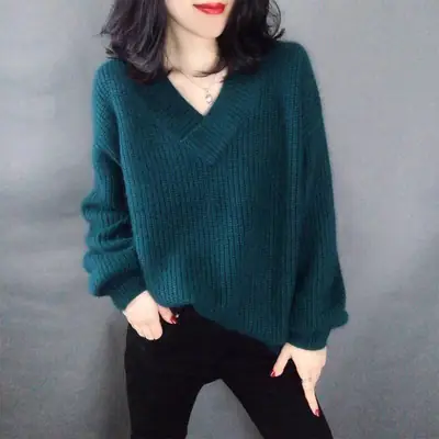 Women V-Neck Faux Alpaca Wool Sweater Loose Autumn Winter