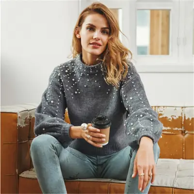 Women Beaded Knit Sweater Light Gray Autumn Winter