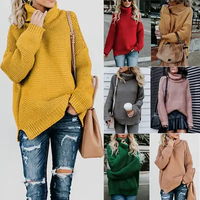 Women's Plus Size Knitted Turtleneck Sweater Autumn Winter Solid Color