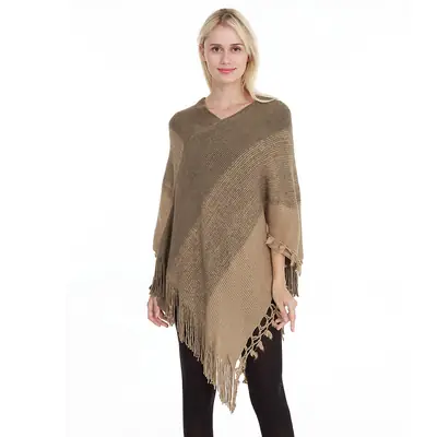 Women Knitted Poncho Khaki Fringe Loose Plus Size