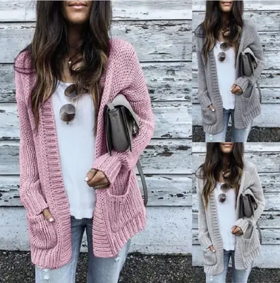 Women Long Sleeve Knit Cardigan Sweater Pink Gray 2025