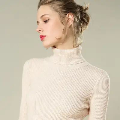 Women High Neck Ribbed Sweater White Slim Fit Spring