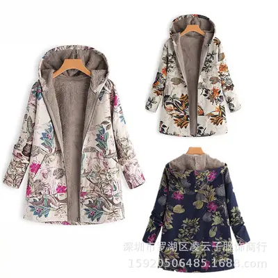 Women Vintage Hooded Floral Coat Navy Blue