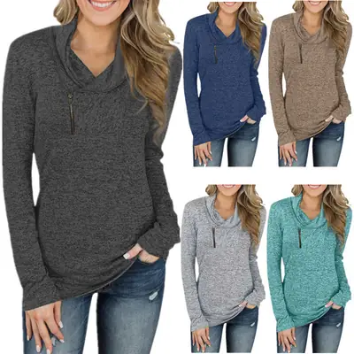 Women's Zipper Cowl Neck Sweatshirt Slim Fit Plus Size Autumn Winter