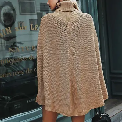 Women Cape Knit Turtleneck Sweater Camel Brown Casual Daily Wear thumbnail 3