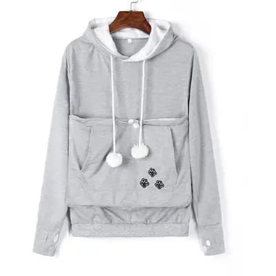 Women Hoodie with Paw Print Pockets Gray Cotton Blend
