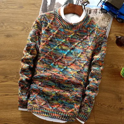 Winter Pullover Sweater Multi Color Diamond Knit Slim Fit