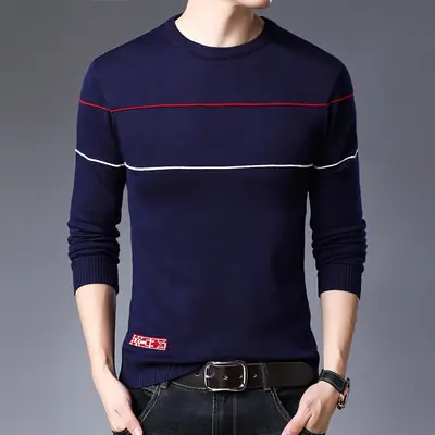 Men Navy Stripe Round Neck Sweater Autumn Slim Fit