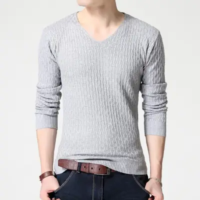 Men V Neck Knit Sweater Slim Fit Gray Long Sleeve