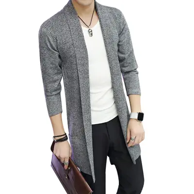 Men's Gray Mid-Length Knit Cardigan Spring Slim Fit