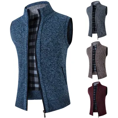 Men Zip Front Knit Vest Casual Warm Blue Grey Burgundy