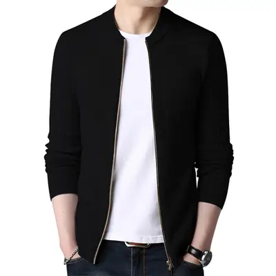 Men Black Slim Fit Zip Cardigan Sweater