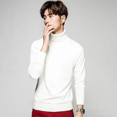 Men's White Turtleneck Pullover Sweater 2023