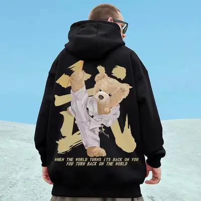 Men Plus Size Fleece Hoodie Black 6XL With Teddy Bear Design