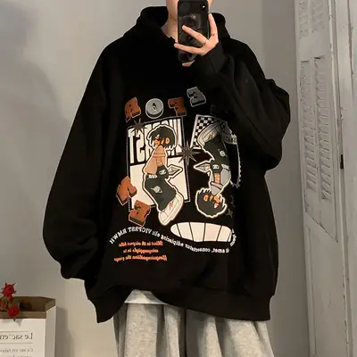 Men Black Velvet Hoodie with Cartoon Print Autumn