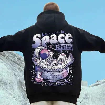 Men Black Velvet Hoodie with Space Print Large Size