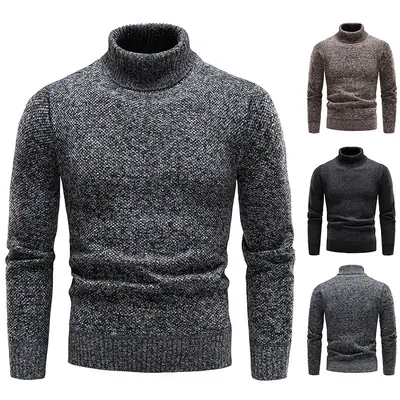 Men Slim Fit Turtleneck Sweater Winter Fleece Black