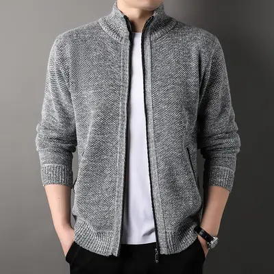 Men Knitted Zip-Up Cardigan Gray Autumn Casual Wear